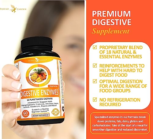 Potent Garden Digestive Enzymes -18 Plant Based Enzymes with amylase lipase bromelain Protease lactase & Other Enzymes - One Pre Meal Pill Supports Healthy Digestion & Nutrient Absorption 60 Caps
