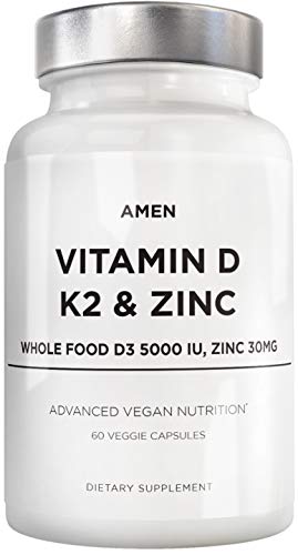 Amen Vitamin D, K2 & Zinc, Cholecalciferol D3 5000 IU, Organic Whole Food Blend with Apple, Blueberry, Cranberry, Elderberry Powder Fruits, Vegan Supplement, D3 K2 Vitamins, Non-GMO - 60 Capsules