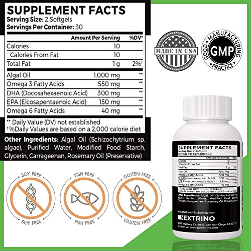 Vegan Omega 3 Supplement - Algal Oil with DHA, EPA, Omega 3 & 6 Fatty Acids from Algae - Plant Based Vegetarian Alternative to Fish Oil