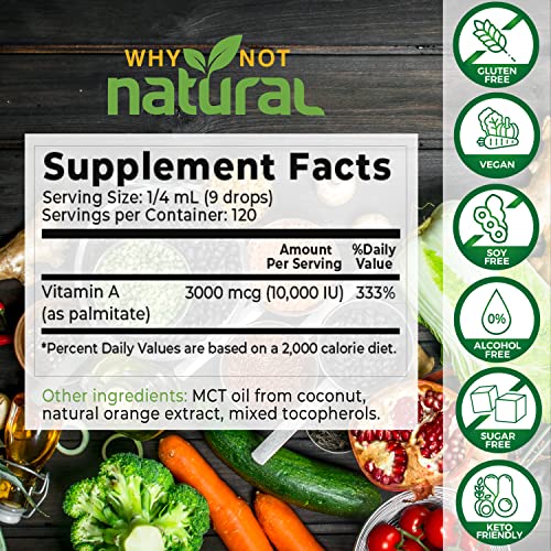 Why Not Natural Vitamin A Drops 10000 IU - Liquid retinyl Palmitate with Coconut MCT Oil, Vegan micellized VIT A Supplement for Skin, Eyes, Acne - 1 oz sublingual Tincture