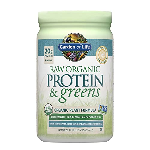 Garden of Life Raw Organic Protein & Greens Lightly Sweet, Vegan Protein Powder for Women and Men, Plant and Pea Protein, Greens, Probiotics, Gluten Free Low Carb Shake Made Without Dairy 20 Servings
