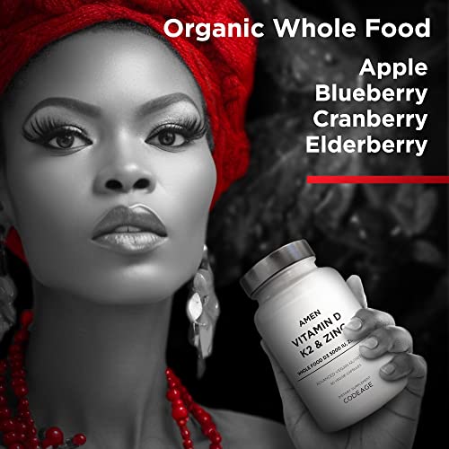 Amen Vitamin D, K2 & Zinc, Cholecalciferol D3 5000 IU, Organic Whole Food Blend with Apple, Blueberry, Cranberry, Elderberry Powder Fruits, Vegan Supplement, D3 K2 Vitamins, Non-GMO - 60 Capsules