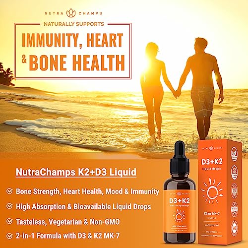 Vitamin D3 K2 Drops | Liquid Vitamin D3 5000 IU & K2 D3 with MK7 | Vitamin D Drops for Kids | Bones, Heart & Immune Health | Liquid Vitamin D in MCT Oil for Better Absorption Than Capsules & Gummies