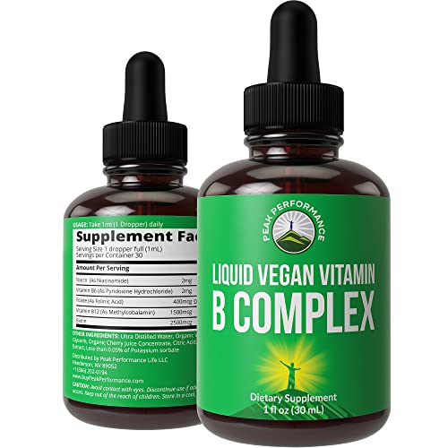 B Complex Liquid Drops Vegan Supplement. Best 5 B Vitamins with B3 Niacin, B6, B7 Biotin, B9 Folate, Methylcobalamin B12. B-Complex For Hair, Skin Nails, Energy. For Adults, Men, Women