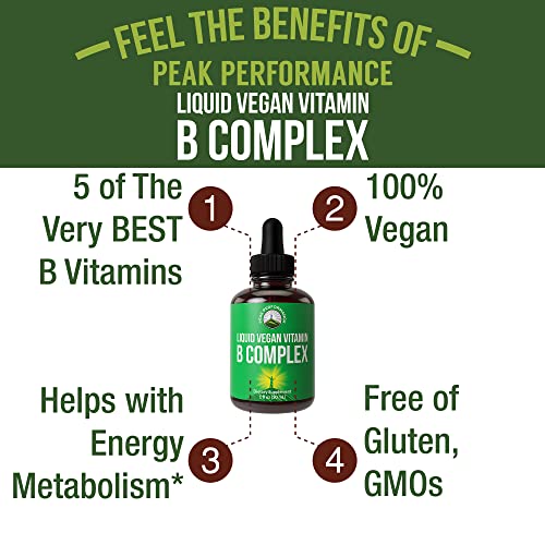 B Complex Liquid Drops Vegan Supplement. Best 5 B Vitamins with B3 Niacin, B6, B7 Biotin, B9 Folate, Methylcobalamin B12. B-Complex For Hair, Skin Nails, Energy. For Adults, Men, Women