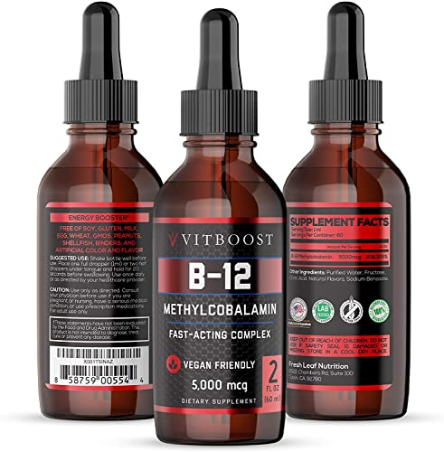 VITBOOST Vegan Liquid B-12 Drops – 60 x 5000 mcg Extra Strength Raspberry Flavored Vitamin B12 Liquid Methylcobalamin sublingual Supplement | Designed to Maximize Absorption & Energy | Gluten Free