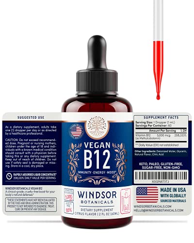 Vegan Vitamin B12 Liquid - Max Strength B12 Vitamins 5000 mcg Methylcobalamin Supplement - Liquid Vitamin B12 Sublingual Drops - Liquid B12 Vitamins Mood, Energy Support - Citrus Flavor B 12, 2oz