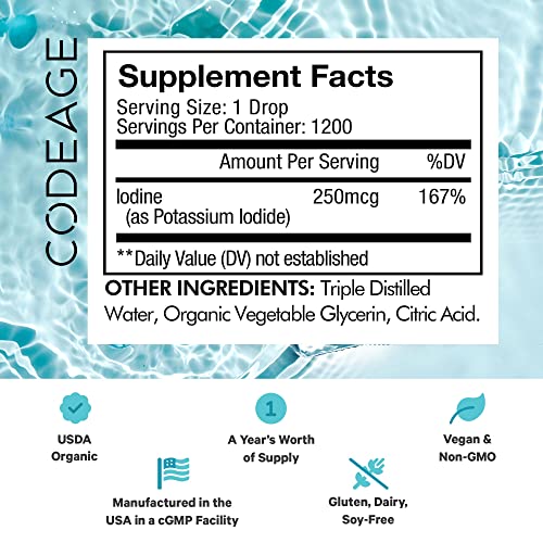 Codeage USDA Organic Iodine Drops – 250 Mcg - 1+ Year Supply - Liquid Iodine Supplement – Iodine Drops Solution - Pure, Clear Iodine - Vegan Iodine Liquid Drop - 2 fl oz