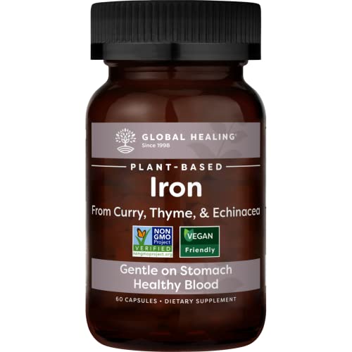 Global Healing Iron Supplement for Women and Men - Blood Builder Vitamin Capsules with Curry Plant Extract - Natural Energy to Combat Fatigue, Brain Health & Oxygen Level Support - 60 Pills