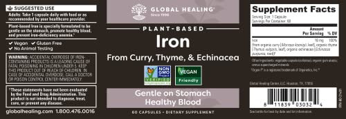 Global Healing Iron Supplement for Women and Men - Blood Builder Vitamin Capsules with Curry Plant Extract - Natural Energy to Combat Fatigue, Brain Health & Oxygen Level Support - 60 Pills