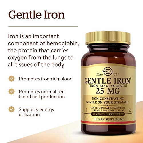 Solgar Gentle Iron 25mg, 90 Vegetable Capsules - Energy, Normal Red Blood Cell Production - Gentle on the Stomach - Non-GMO, Vegan, Gluten Free, Dairy Free, Kosher, Halal - 90 Servings