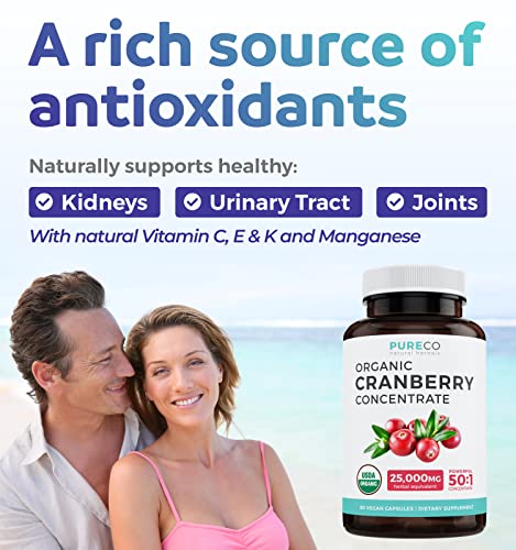 Organic Cranberry Pills - 50:1 Concentrate Equals 25,000mg of Fresh Cranberries (Vegan) for Urinary Tract Health & Kidney Cleanse - Cranberry Pills for Women - UTI Support Supplement - 60 Capsules