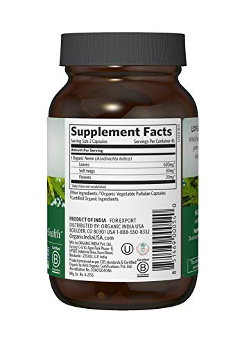 ORGANIC INDIA Neem Herbal Supplement - Supports Skin, Immune, & Liver Health, Detox, Healthy Inflammatory Response, Vegan, Gluten-Free, USDA Certified Organic - 90 Capsules, 2 Pack