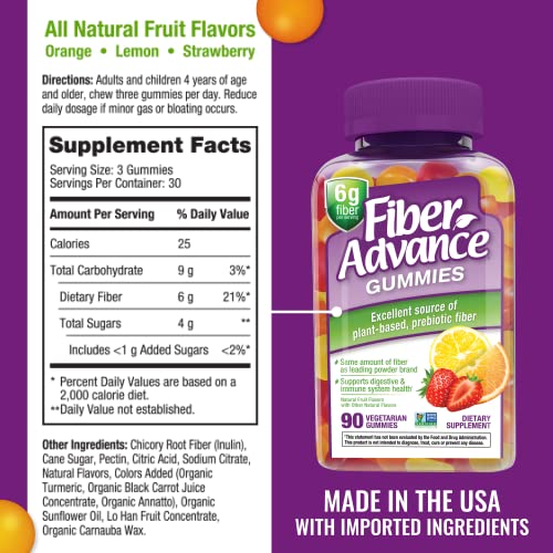 Fiber Advance Gummies | 100% Plant Based Fiber Supplement for Digestive Health | Chicory Root Inulin Prebiotic Fiber Gummies for Adults | Gluten Free, Vegetarian, & Non-GMO, 90 Count