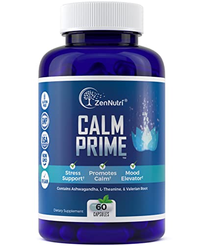 ZenNutri Calm Prime Stress Relief Supplement Non-Drowsy | Mood Support Supplement | Mood Boost | Vegan Daytime Stress Supplements Calm Aid | Stress Vitamins - Ashwagandha, Valerian Root - 60 Count