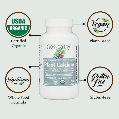Go Healthy Plant Calcium Supplement Vegan Magnesium, Vitamins D3 K2, Organic Bone Health - 90 CT