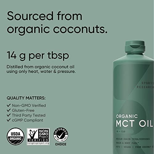 Sports Research Keto MCT Oil from Organic Coconuts - Fatty Acid Fuel for Body + Brain - Triple Ingredient C8, C10, C12 MCTs - Perfect in Coffee, Tea, & More - Non-GMO & Vegan - Unflavored (32 Oz)