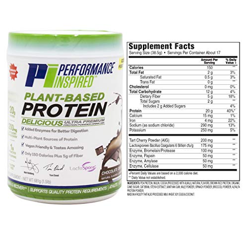 Performance Inspired Nutrition Plant Protein Powder - All Natural - 20G - 1B Probiotics - Digestive Enzymes - Fiber Packed - G Free - Chocolate Delight - 1.5lb