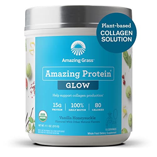 Amazing Grass GLOW Vegan Collagen Support with Biotin and Plant Based Protein Powder, Vanilla Honeysuckle, 15 Servings