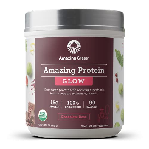 Amazing Grass GLOW Vegan Collagen Support with Biotin and Plant Based Protein Powder, Chocolate Rose, 15 Servings