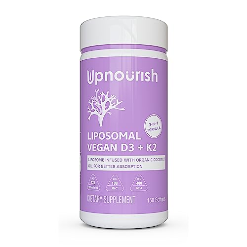 UpNourish Certified Vegan Vitamin D3 5000 IU K2 MK4 MK7 500 mcg Supplement, 150 Softgels, Plant Based Liposomal Vitamin D K with Organic Coconut Oil, Non GMO, Gluten and Gelatin Free