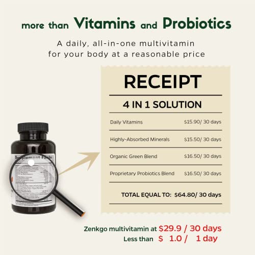 Zenkgo Men's Vitamins + Probiotics 25B CFU + Organic Whole Foods, Supports Energy, Immunity, Prostate Health, Daily Vitamins A, E, B5, B12, Vegan D3, K2 (MK-7), Minerals, Superfoods (60Ct/30Day)