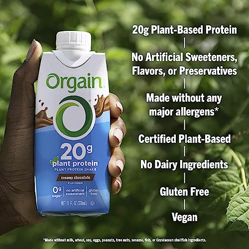 Orgain Vegan Protein Shake, Creamy Chocolate - 20g Plant Based Protein, Meal Replacement with Organic Ingredients, Gluten Free, Dairy Free, Soy Free, 11 Fl Oz (Pack of 12) (Packaging May Vary)