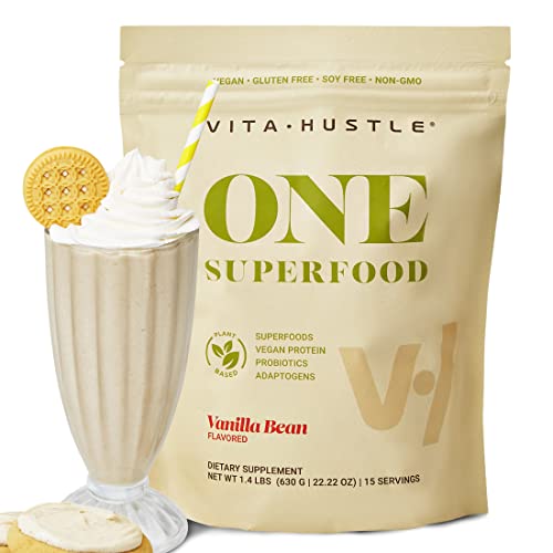 VitaHustle ONE Superfood Plant Protein Powder Vanilla, 20G Vegan Protein, Meal Replacement, 86 Superfoods, Fruits and Veggies, Probiotics, Dairy Free, No Added Sugar (Vanilla Bean) 22.22 oz