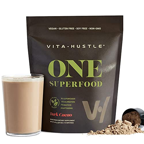 VitaHustle ONE Superfood Plant Based Protein Chocolate, 20G Vegan Protein Meal Replacement, 86 Superfoods, Greens, Probiotics, Gluten Free, Dairy Free, No Added Sugar (Chocolate Cacao)