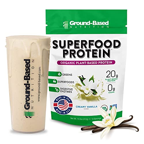 Superfood Protein, Plant-Based Protein Powder – Super Food Powder + Essential Greens – Organic, Vegan, Keto, Paleo, Low Calorie High Protein Powder, Non-GMO, Gluten Free - 14 Servings, Creamy Vanilla