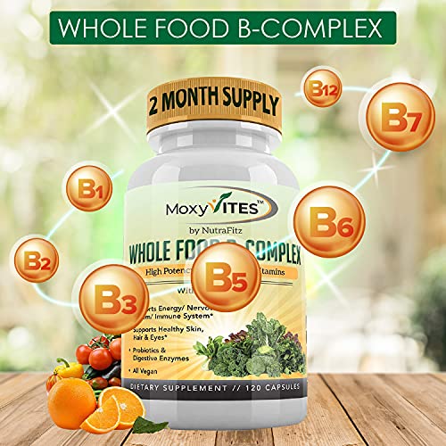 MoxyVites Vitamin B Complex - B Vitamins Whole Food Supplement, B12 Methylcobalamin, B1, B2, B3, B5, B6, B7, B9 - for Stress, Energy and Immune Support, Vegan, 120 Capsules