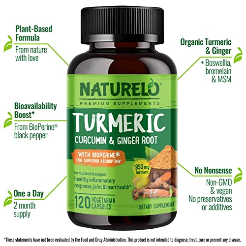 NATURELO Turmeric Curcumin - BioPerine for Better Absorption - Curcuminoids, Black Pepper, Ginger Powder - Plant-Based Joint Support - 120 Vegan Capsules
