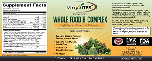 MoxyVites Vitamin B Complex - B Vitamins Whole Food Supplement, B12 Methylcobalamin, B1, B2, B3, B5, B6, B7, B9 - for Stress, Energy and Immune Support, Vegan, 120 Capsules