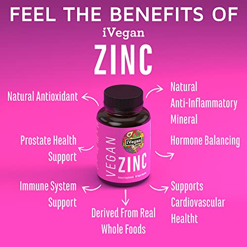 iVegan Raw Zinc Supplement with Vitamin C. High Potency Pure Vegan Zinc 30mg Capsules with 25+ Fruit and Vegetable Ingredients. Non GMO Vitamins, Gluten & Dairy Free Pills