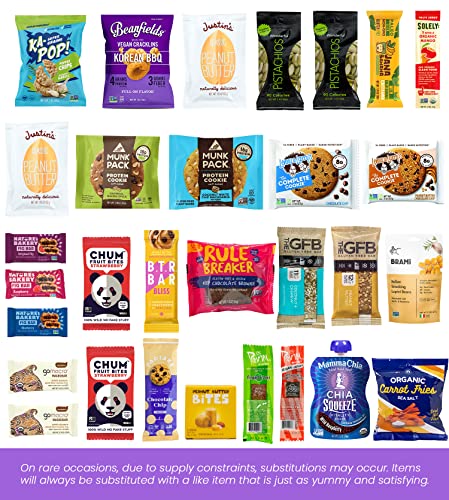 Healthy Vegan Snacks Gift: Mix of Vegan Cookies, Protein Bars, Chips, Vegan Jerky, Fruit & Nut Snacks, Great Vegan Gift Basket Alternative - 30 Individually Wrapped Vegan Protein-rich Snacks