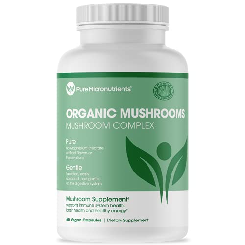 Pure Micronutrients Organic Mushroom Supplement - Lions Mane, Reishi, Chaga, Cordyceps & Turkey Tail Complex - Immune Support, Nootropic Brain Memory, Focus & Energy Pills - 60 Vegan, USA Grown