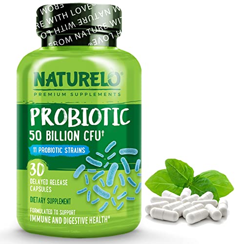 NATURELO Probiotic Supplement - 50 Billion CFU - 11 Strains - One Daily - Helps Support Digestive & Immune Health - Delayed Release - No Refrigeration Needed - 30 Vegan Capsules