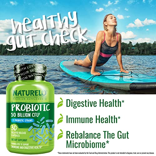 NATURELO Probiotic Supplement - 50 Billion CFU - 11 Strains - One Daily - Helps Support Digestive & Immune Health - Delayed Release - No Refrigeration Needed - 30 Vegan Capsules