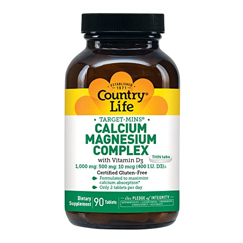 Country Life Target-Mins Calcium Magnesium with Vitamin D-Complex, 1000mg/500mg/10mcg, 90 Tablets, Certified Gluten Free, Certified Vegetarian