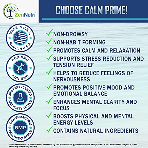 ZenNutri Calm Prime Stress Relief Supplement Non-Drowsy | Mood Support Supplement | Mood Boost | Vegan Daytime Stress Supplements Calm Aid | Stress Vitamins - Ashwagandha, Valerian Root - 60 Count