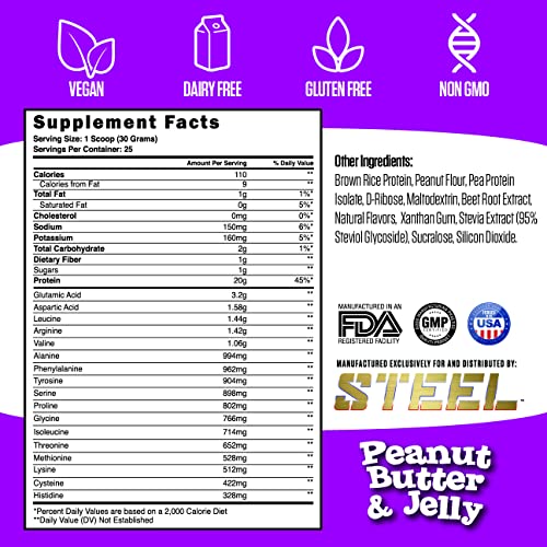 Steel Supplements Veg-PRO | Vegan Protein Powder, Peanut Butter & Jelly | 25 Servings (1.65lbs) | Plant Based, Organic, Pea Protein Powder with BCAA Amino Acid | Gluten Free | Non-Dairy | Low Carb