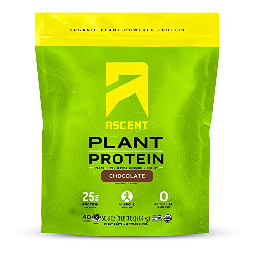 Ascent Plant Based Protein Powder - Non Dairy Vegan Protein, Zero Artificial Ingredients, Soy & Gluten Free, No Added Sugar, 4g BCAA, 2g Leucine - Chocolate, 36 Servings