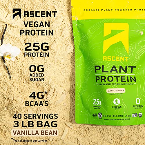 Ascent Plant Based Protein Powder - Non Dairy Vegan Protein, Zero Artificial Ingredients, Soy & Gluten Free, No Added Sugar, 4g BCAA, 2g Leucine - Vanilla, 40 Servings