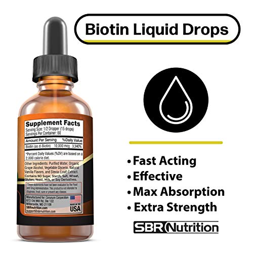 MAX Absorption Biotin Liquid Drops, 10000mcg of Biotin Per Serving, 60 Serving, No Artificial Preservatives, Vegan Friendly, Supports Healthy Hair Growth, Strong Nails and Glowing Skin, Made in USA