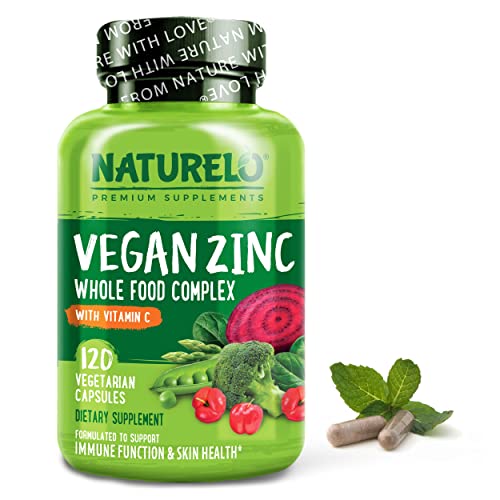 NATURELO Vegan Zinc Whole Food Complex Supplement with Vitamin C for Immune Support and Healthy Skin, Hair, and Nails