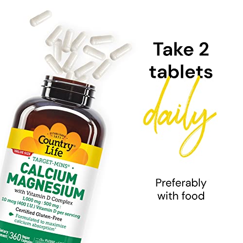 Country Life Target-Mins Calcium Magnesium with Vitamin D-Complex, 1000mg/500mg/10mcg, 360 Vegan Capsules, Certified Gluten Free, Certified Vegan, Verified Non-GMO Verified