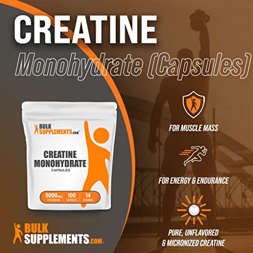 BulkSupplements.com Creatine Monohydrate Capsules (Micronized Creatine), Creatine Supplements - Unflavored, Pure - Muscle Gain - Creatine Pills - 5g (5000mg) per Serving - 14-Day Supply (100 Capsules)