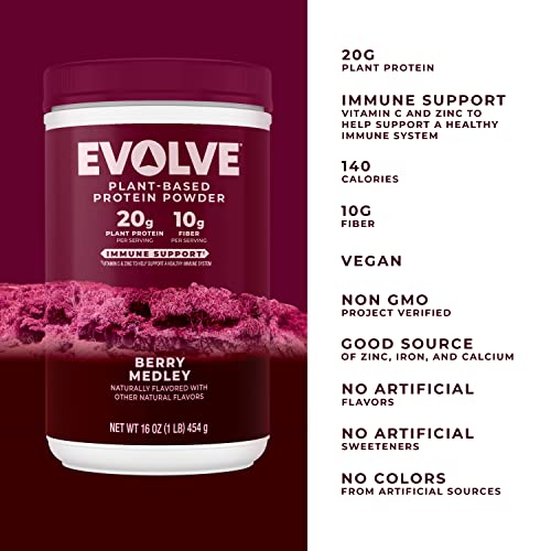 Evolve Plant Based Protein Powder, Berry Medley, 20g Vegan Protein, Dairy Free, No Artificial Flavors, Non-GMO, 1 Pound (Packaging May Vary)