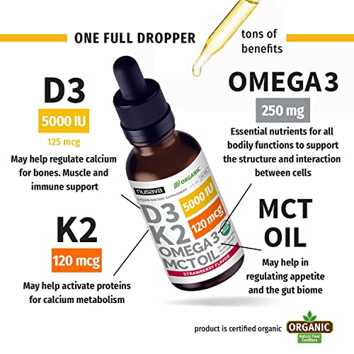 (2 Pack) Organic Vitamin D3 K2 Drops w MCT Oil Omega 3, 5000 IU, Maximum Strength Vitamin D Liquid 5000 IU, No Fillers, Non-GMO Liquid D3 for Faster Absorption, Immune Support (Strawberry, 2 Fl Oz)