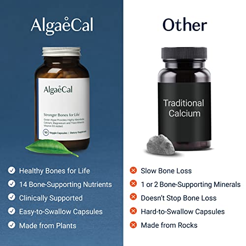 ALGAECAL - Plant Based Calcium Supplement with Vitamin D3 (1000 IU) for Bone Strength, Contains 13 Trace Minerals Supporting Bone Health, Organic Calcium for Women & Men, 90 Veggie Caps